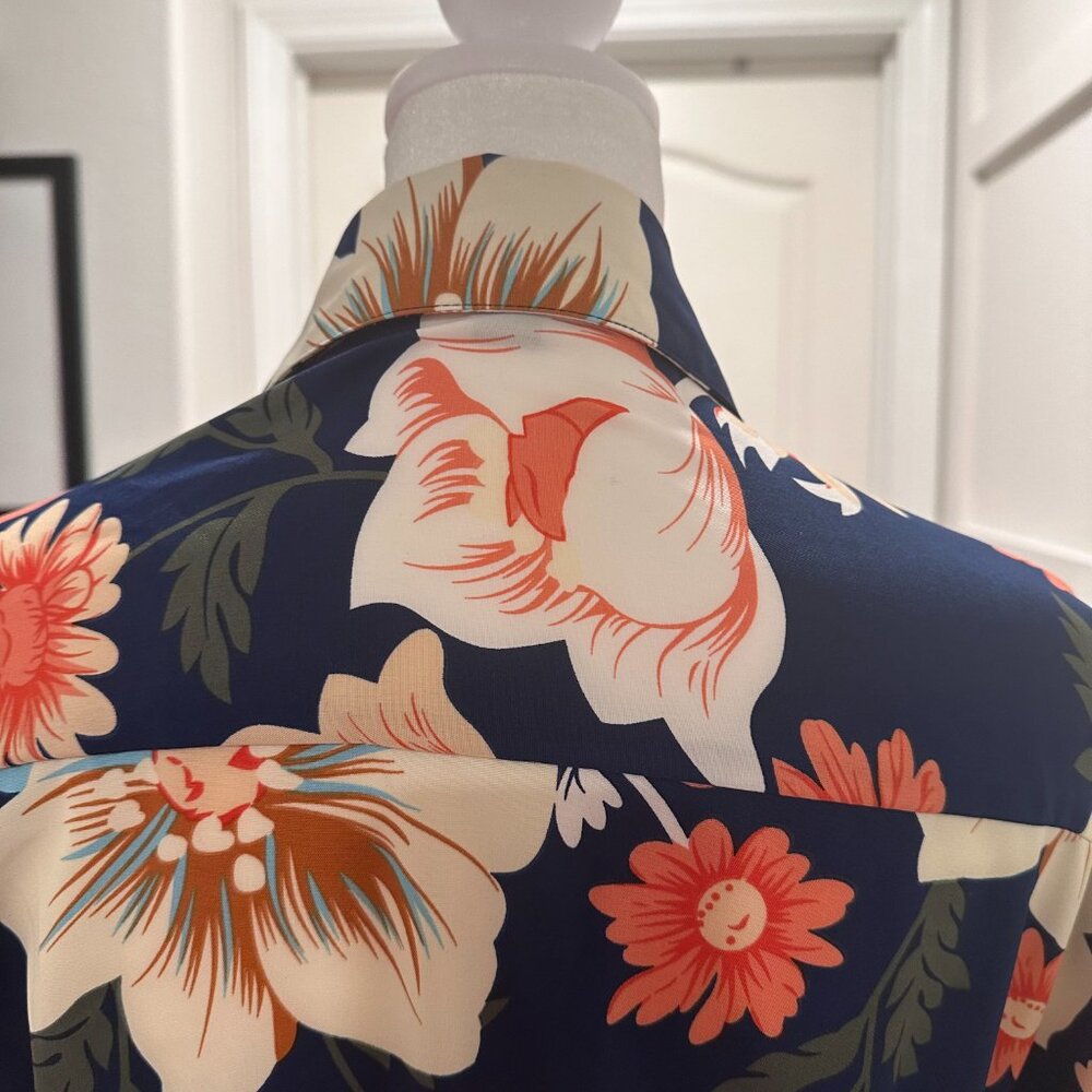 Women Casual Lapel Collar Floral Button Down Long Sleeve Belted Shirt Dress XL - Picture 2 of 6